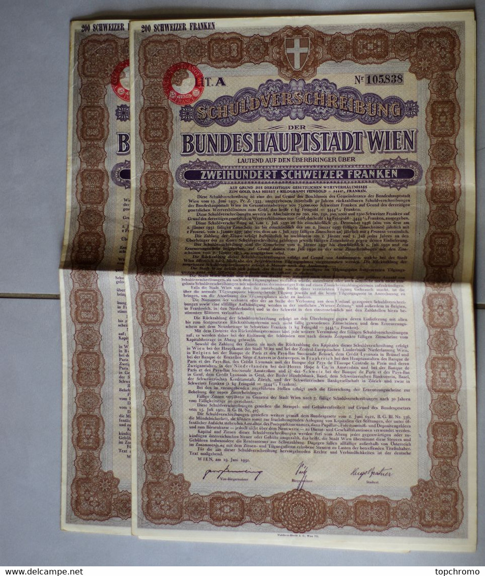 2 Actions Obligation Au Porteur De La Ville De Vienne Autriche Avec 30 Coupons/action 1931 Zweihundert Schweizer Franken - Electricité & Gaz