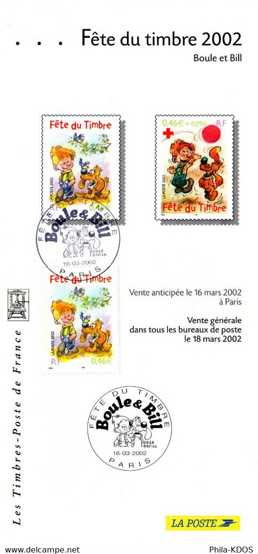 " BOULE ET BILL " Sur Fascicule Publicitaire 1er Jour De 2002. Avec Timbre 1er Jour, Photo Du Timbre + Cachet N° YT 3467 - Bandes Dessinées