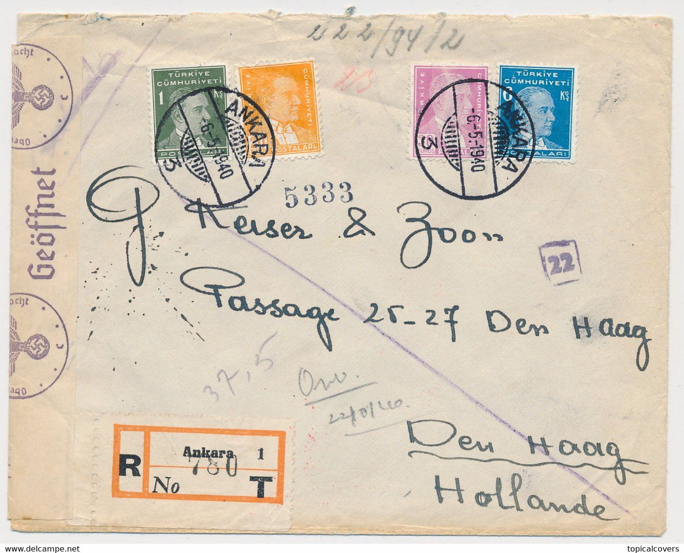 Registered Censored Cover Turkey - Netherlands 1940 WWII - German / Censorship - 1934-39 Sandjak Alexandrette & Hatay