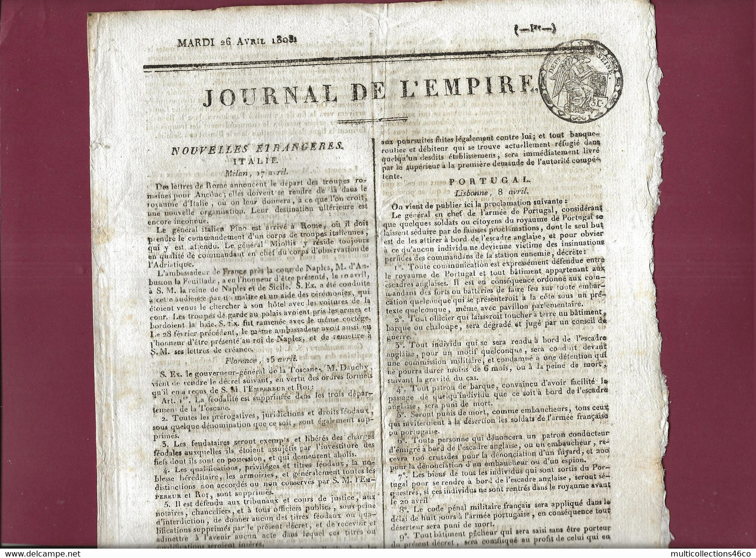 110621A - Document NAPOLEON Ier JOURNAL DE L'EMPIRE 26 Avril 1808 Nouvelles ITALIE PORTUGAL DANEMARK AUTRICHE WESTPHALIE - 1800 - 1849