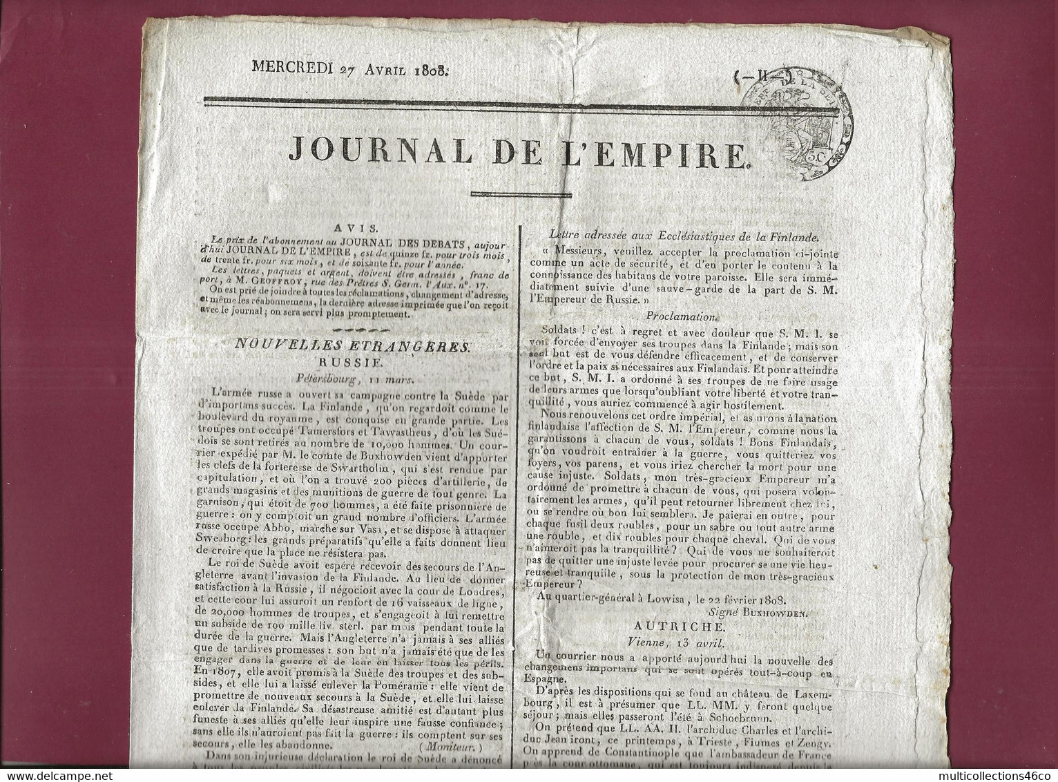 110621A - Document NAPOLEON Ier JOURNAL DE L'EMPIRE 27 Avril 1808 Nouvelles RUSSIE AUTRICHE HOLLANDE ITALIE - 1800 - 1849