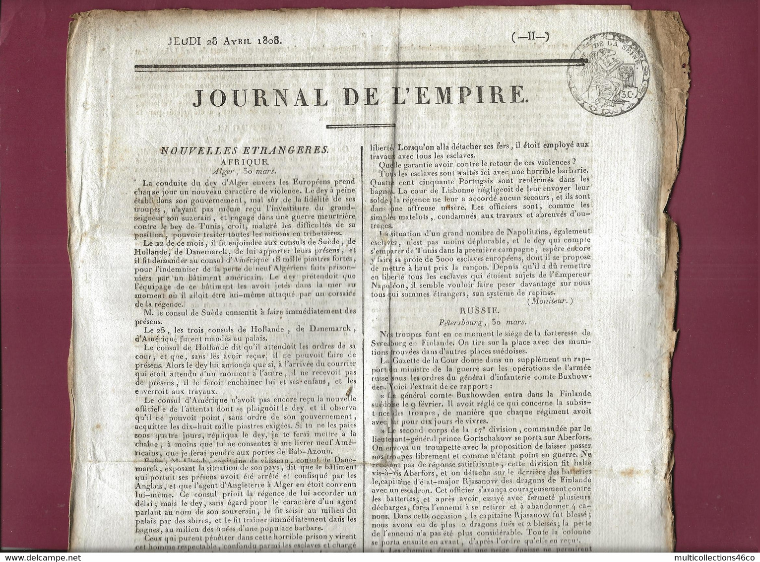 110621A - Document NAPOLEON Ier JOURNAL DE L'EMPIRE 28 Avril 1808 Nouvelles AFRIQUE RUSSIE DANEMARK PORTUGAL - 1800 - 1849