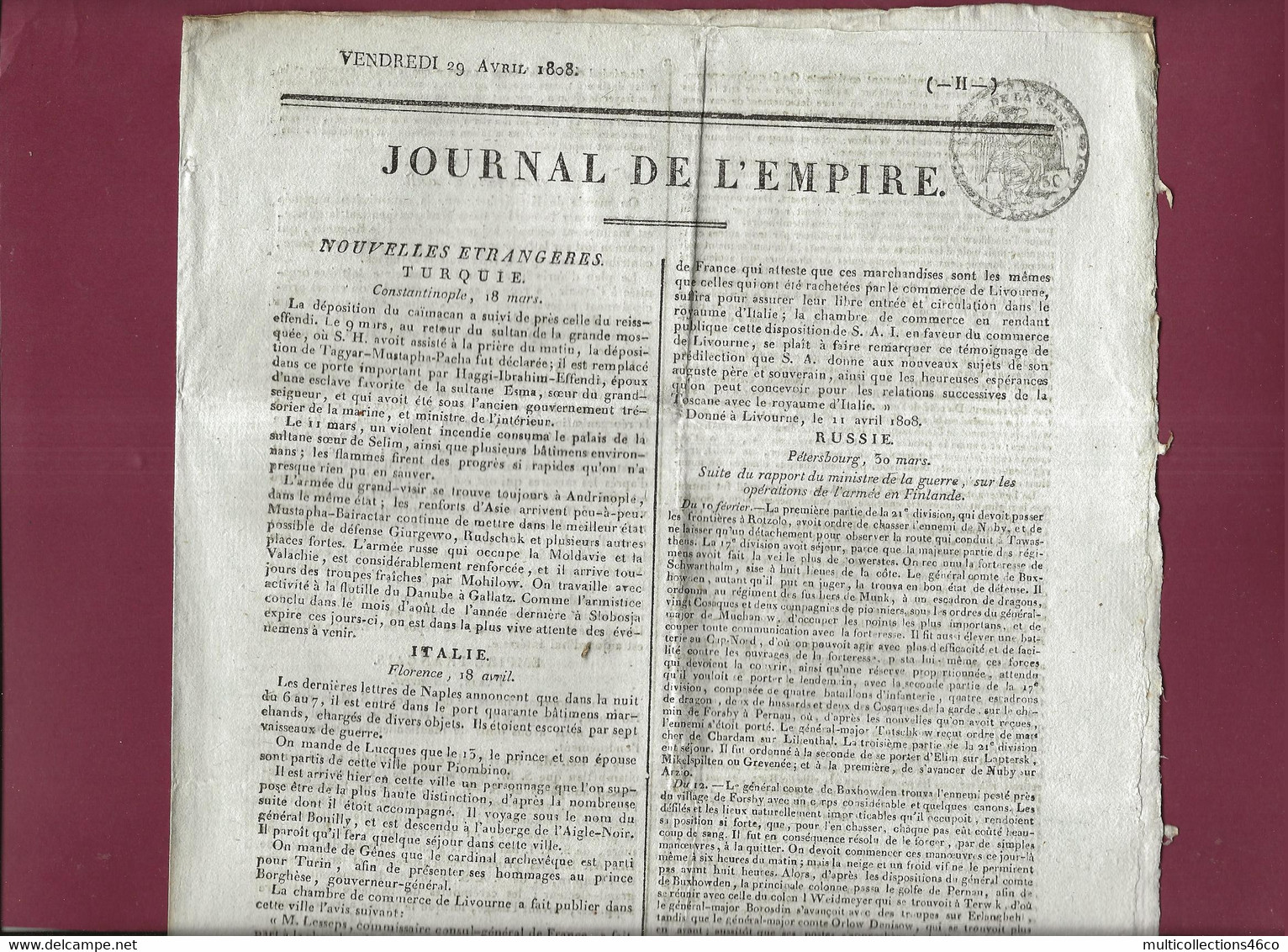 110621A - Document NAPOLEON Ier JOURNAL DE L'EMPIRE 29 Avril 1808 Nouvelles TURQUIE ITALIE RUSSIE ALLEMAGNE - 1800 - 1849