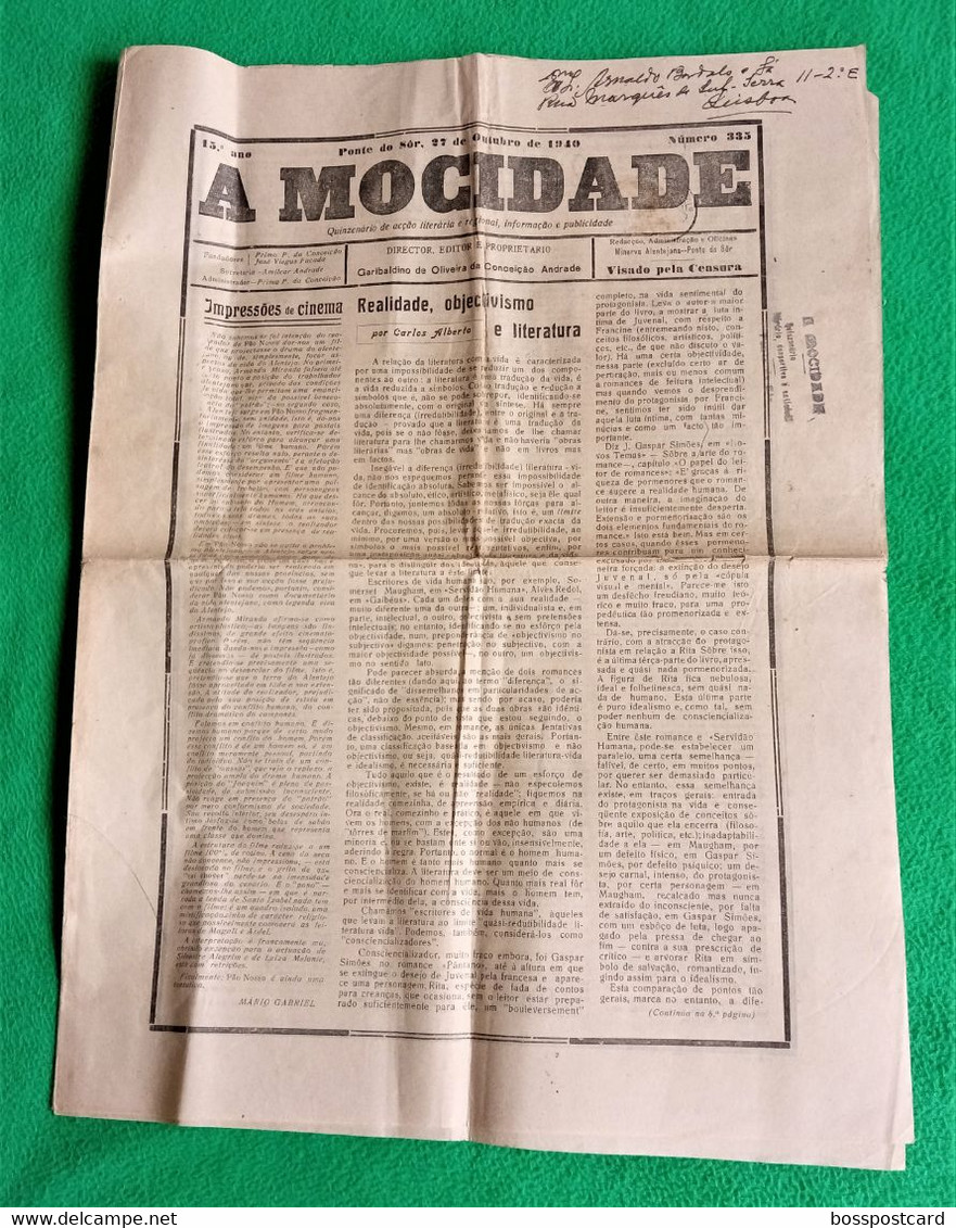 Ponte De Sor - Jornal A Mocidade Nº 335, 27 De Outubro De 1940 - Imprensa. Portalegre. Portugal. - Algemene Informatie