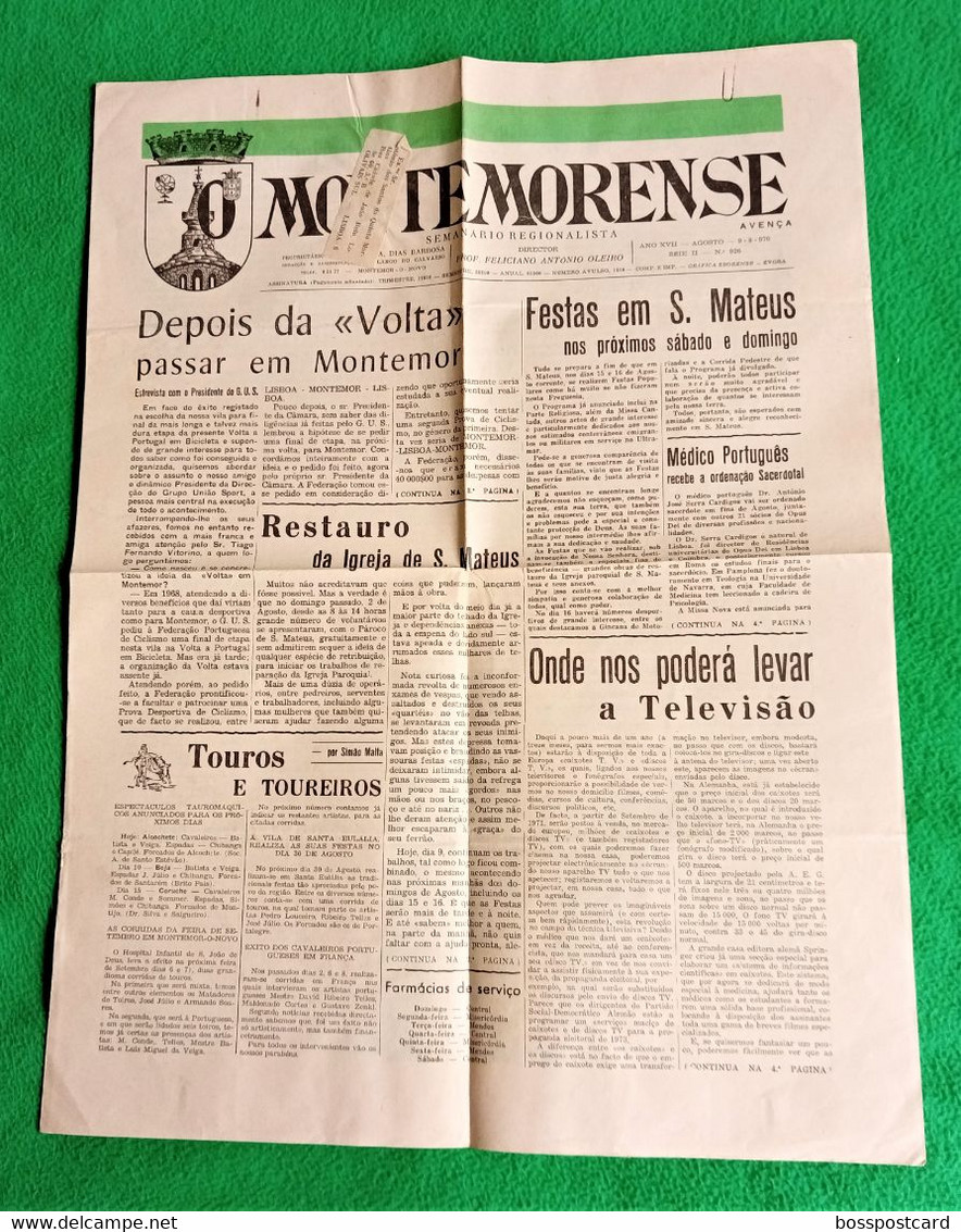 Montemo-o-Novo - Jornal Montemorense Nº 926, 9 De Agosto 1970 - Imprensa. Évora. Portugal. - Allgemeine Literatur
