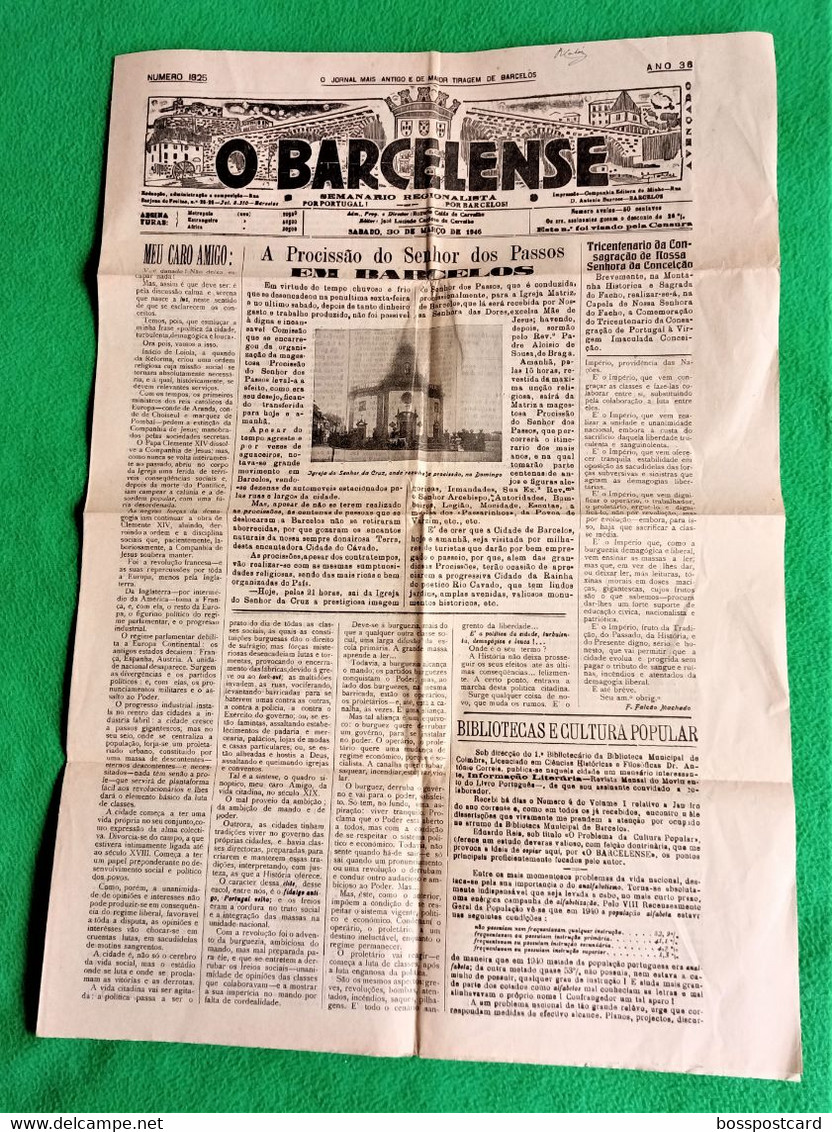 Barcelos - Jornal O Barcelense Nº 1825, 30 De Março De 1946 - Imprensa - Portugal. - Informations Générales