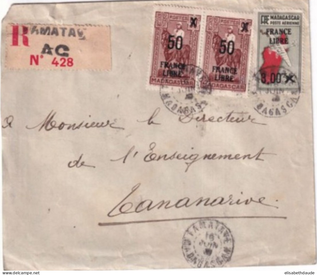MADAGASCAR - 1943 - FRANCE LIBRE - ENVELOPPE RECOMMANDEE De TAMATAVE => TANANARIVE - Cartas & Documentos