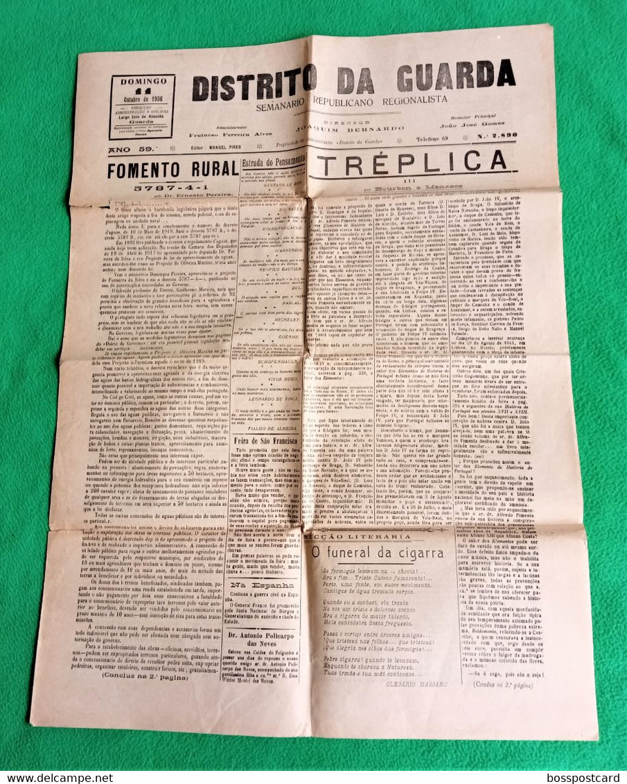 Guarda - Jornal Distrito Da Guarda Nº 2890, 11 De Outubro De 1936 - Imprensa - Portugal. - Informations Générales