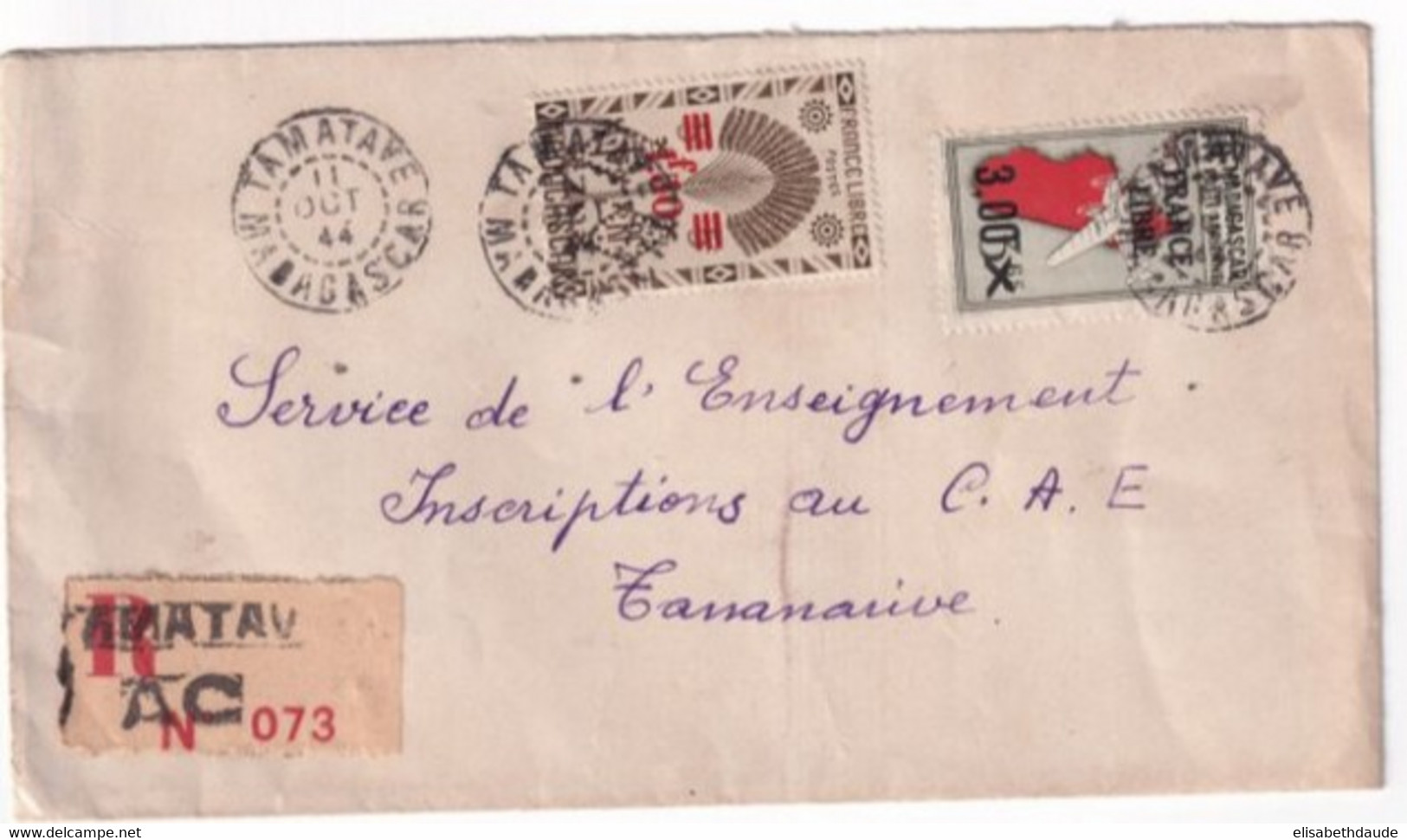 MADAGASCAR - 1944 - FRANCE LIBRE - ENVELOPPE RECOMMANDEE De TAMATAVE => TANANARIVE - Covers & Documents