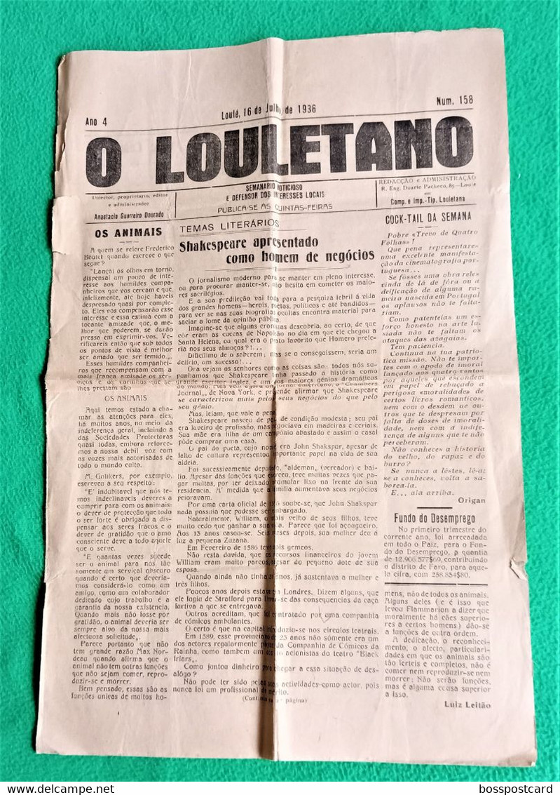 Loulé - Jornal O Louletano Nº 157, 9 De Julho De 1936 - Imprensa. Faro. Portugal. - Algemene Informatie