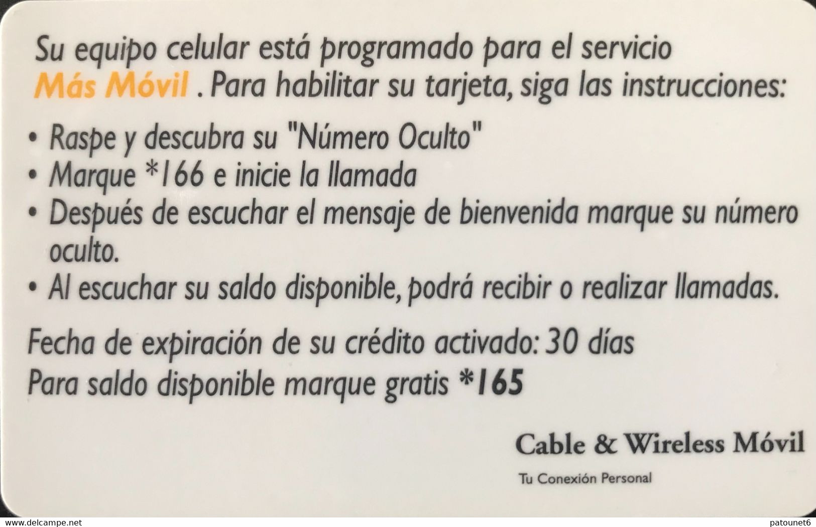 PANAMA   -  Prepago Celular  -  Cable & Wireless  -  B/. 15 - Panamá