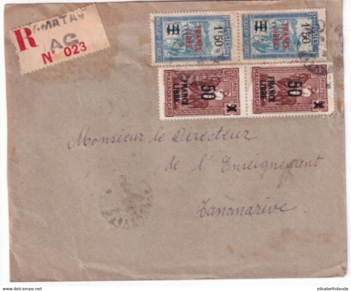 MADAGASCAR - 1943 - ENVELOPPE RECOMMANDEE De TAMATAVE => TANANARIVE - Brieven En Documenten