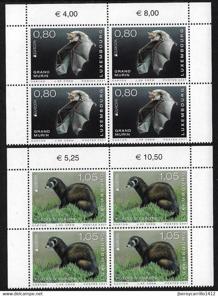 LUXEMBURGO /LUXEMBOURG / LUXEMBURG  -EUROPA 2021-"ENDANGERED NATIONAL WILDLIFE"- TWO BLOCS Of 4 STAMPS - SUP - MINT - 2021