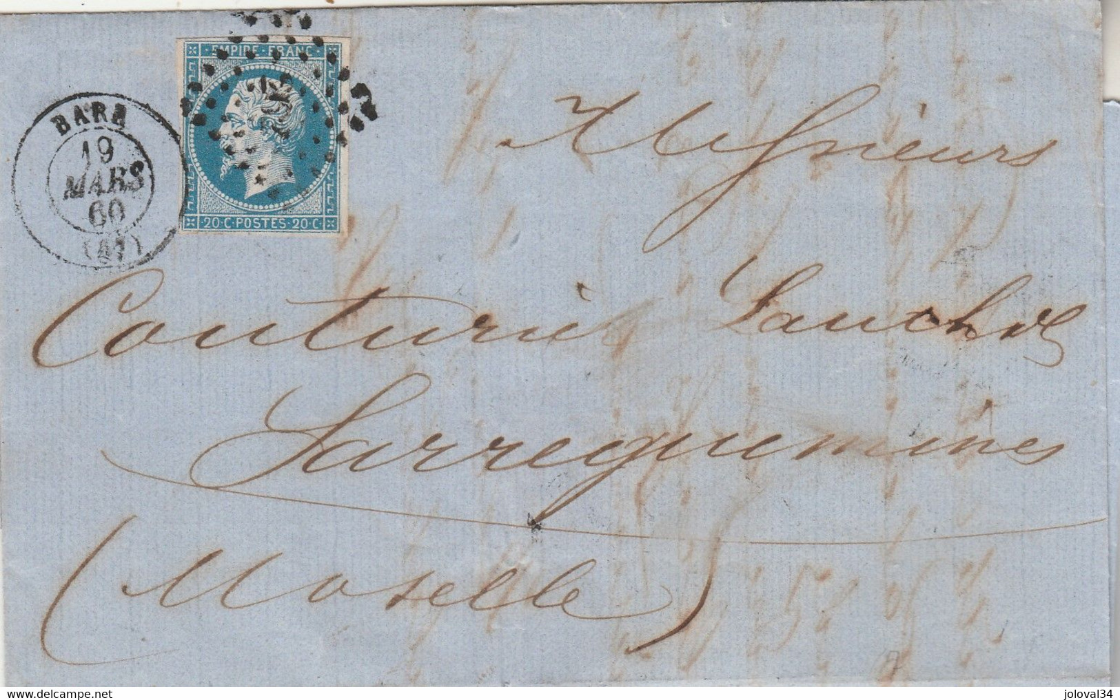 Yvert 14 - 4 Marges Lettre BARR Bas Rhin 19/3/1860  PC 262 Pour Sarreguemines Moselle Verso 5 Cachets - 1849-1876: Classic Period