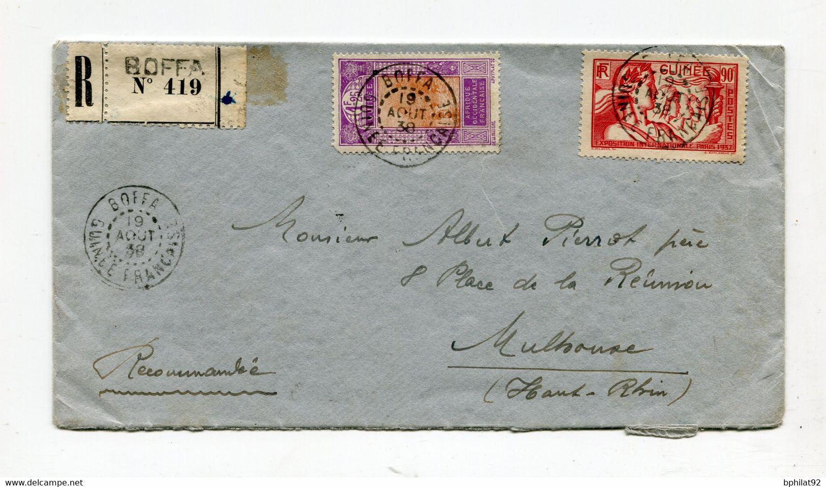 !!! GUINEE, LETTRE RECOMMANDEE DE BOFFA DE 1938 POUR MULHOUSE - Lettres & Documents