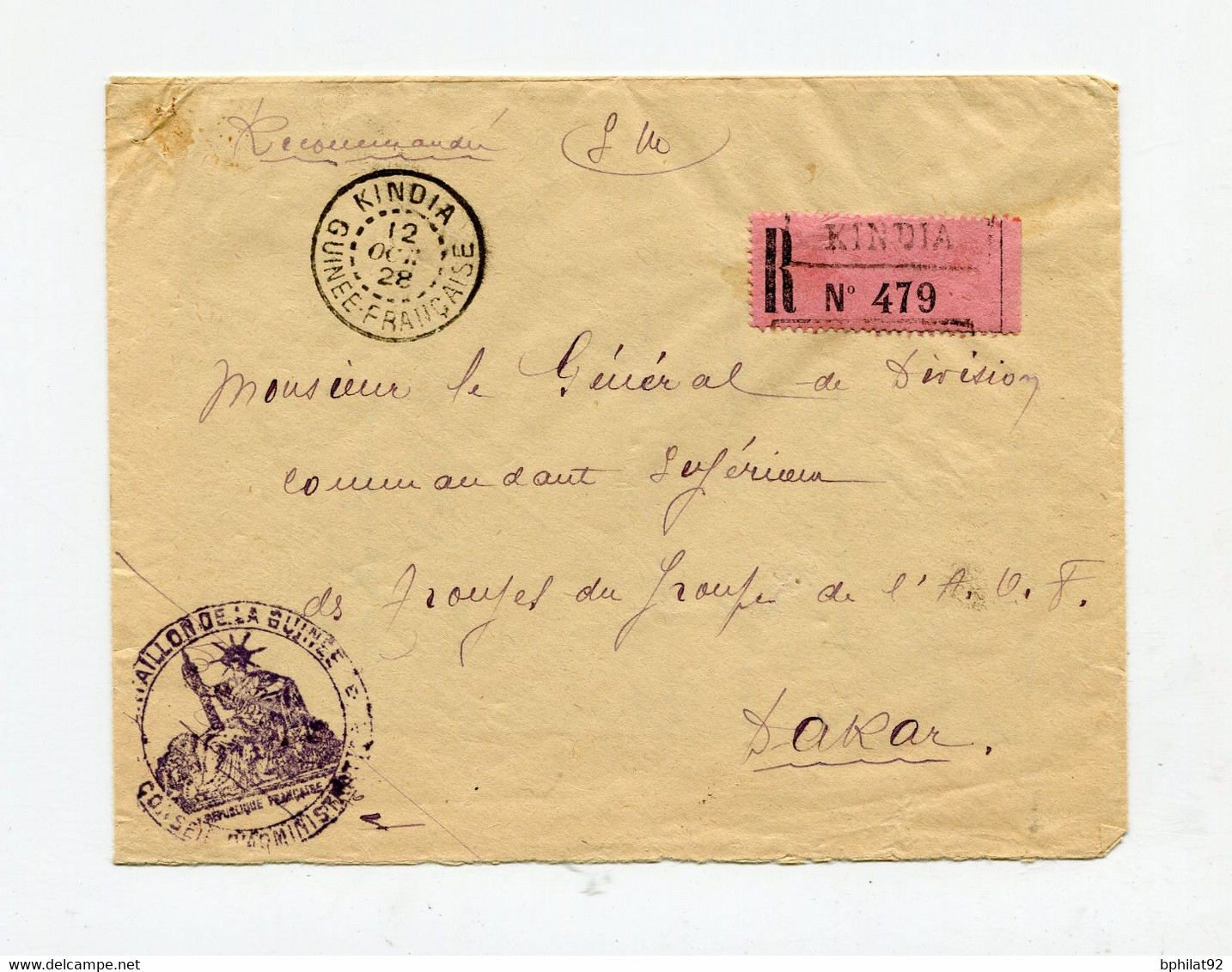 !!! GUINEE, LETTRE RECO DE KINDIA DE 1928 POUR DAKAR, RARE ETIQUETTE DE RECOMMANDE - Cartas & Documentos