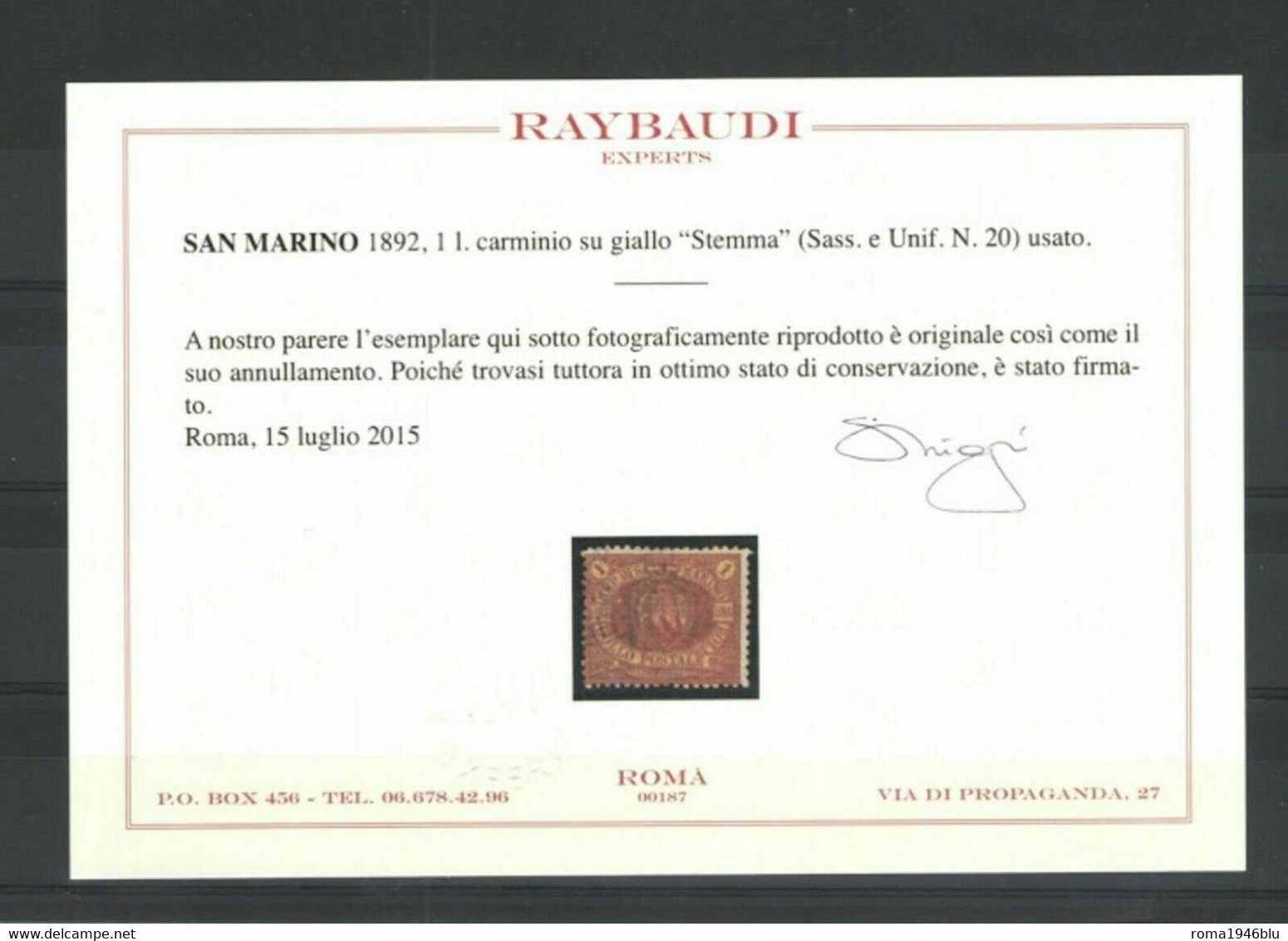 SAN MARINO 1892 1 LIRA ROSSA USATA BUONA CENTRATURA CERT. RAYBAUDI - Usados