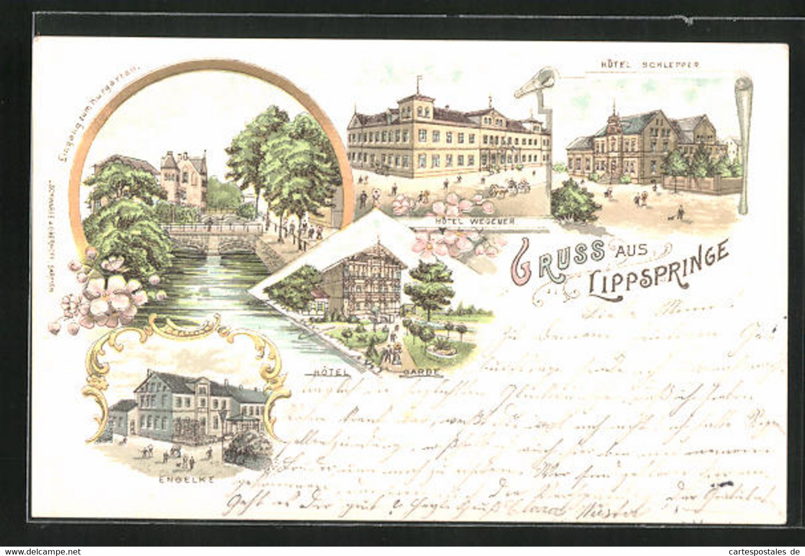 Lithographie Lippspringe, Hotel Wegener, Hotel Garbe - Bad Lippspringe