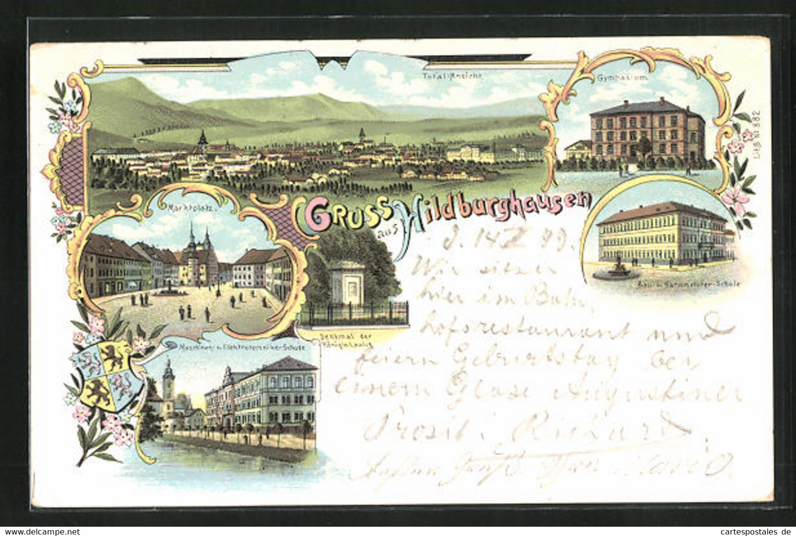 Lithographie Hildburghausen, Maschinen- U. Elektrotechniker-Schule, Gymnasium, Bau- U. Bahnmeister-Schule - Hildburghausen