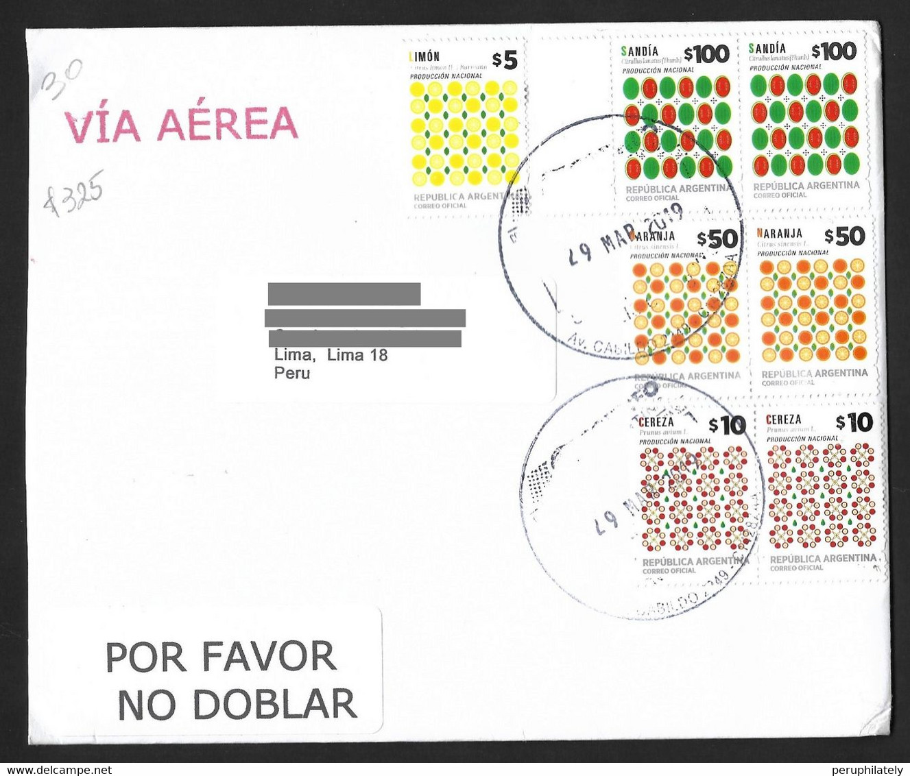 Argentina Coer With Fruits , Lemon , Watermelon , Orange & Cherries 2016 Stamps Sent To Peru - Usati