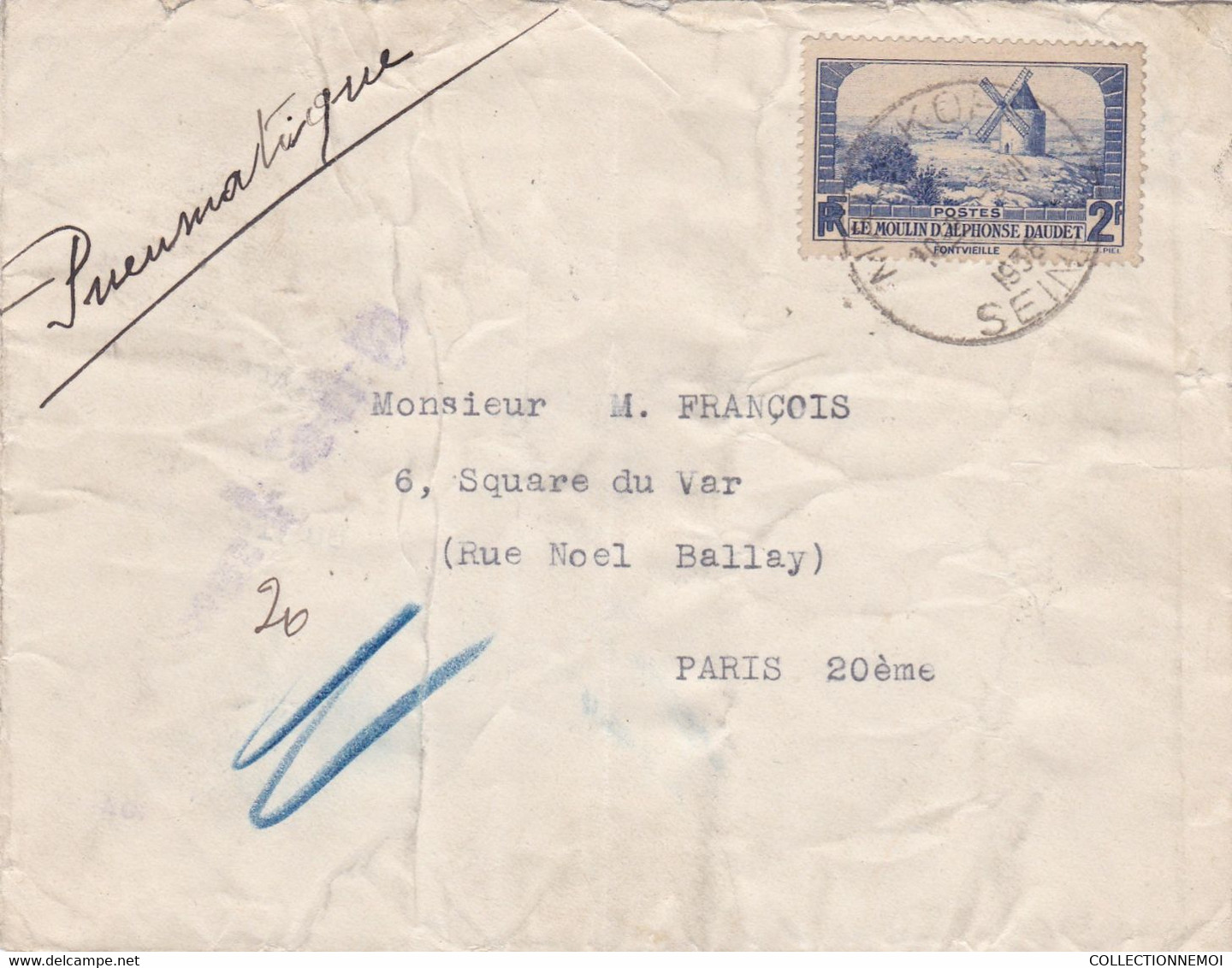 FRANCE Lettre PNEUMATIQUE 1938 - 1921-1960: Modern Tijdperk