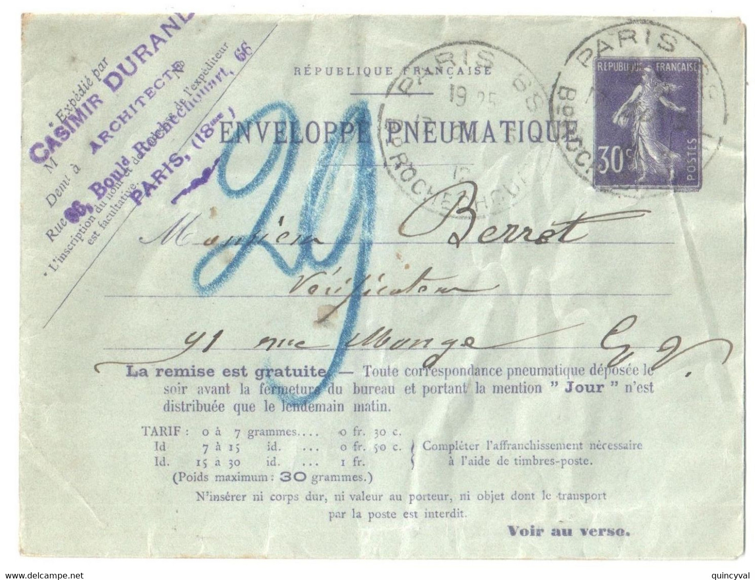 PARIS 68 Bd Rochechouart Pneumatique Enveloppe Entier 30c Semeuse Violet Yv EPP3 Storch K17 Verso 42 Villes Ob 17 5 12 - Pneumatiques