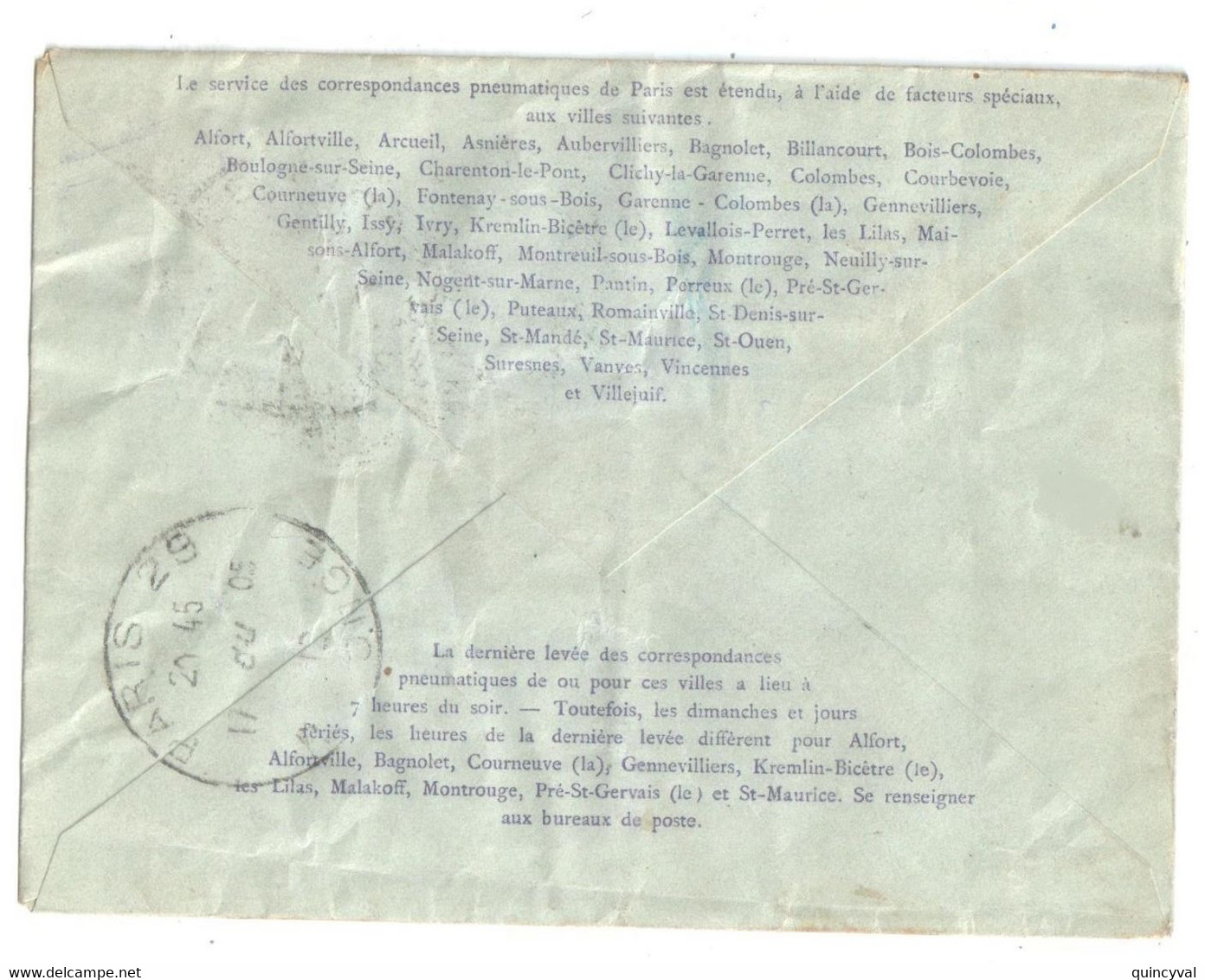 PARIS 68 Bd Rochechouart Pneumatique Enveloppe Entier 30c Semeuse Violet Yv EPP3 Storch K17 Verso 42 Villes Ob 17 5 12 - Rohrpost