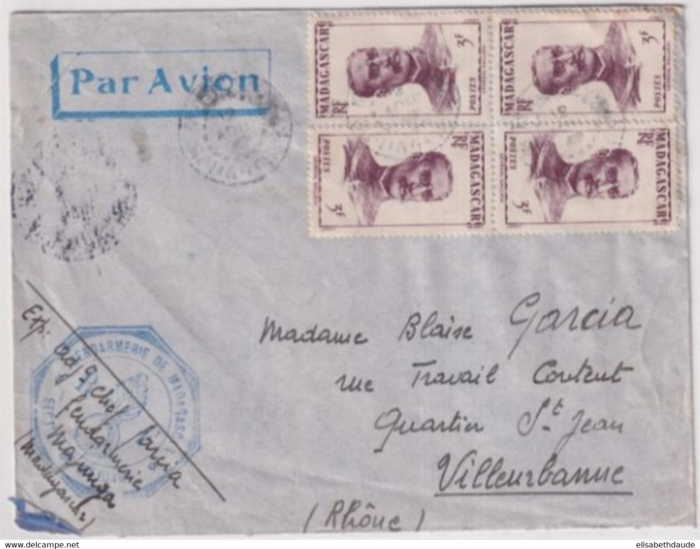 MADAGASCAR - 1948 - GENDARMERIE De MAJUNGA ! - ENVELOPPE AVION=> VILLEURBANNE - - Cartas & Documentos