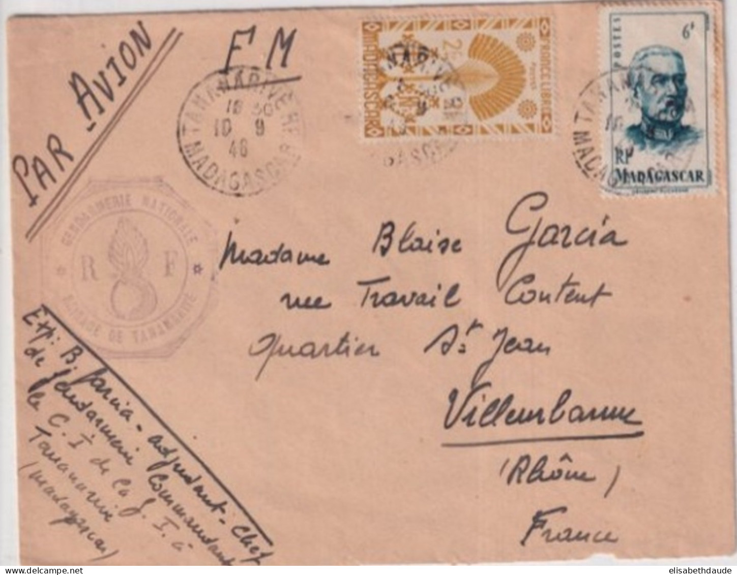 MADAGASCAR - 1946 - GENDARMERIE De TANANARIVE ! - ENVELOPPE FM AVION => VILLEURBANNE - - Covers & Documents