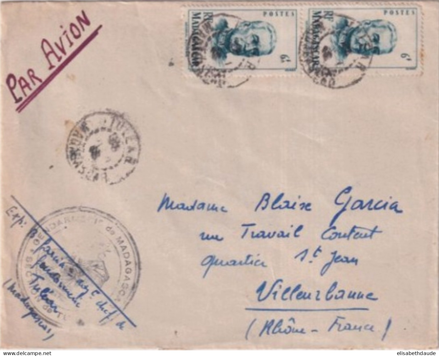 MADAGASCAR - 1948 - GENDARMERIE De TULEAR ! - ENVELOPPE AVION => VILLEURBANNE - - Militärstempel Ab 1900 (ausser Kriegszeiten)