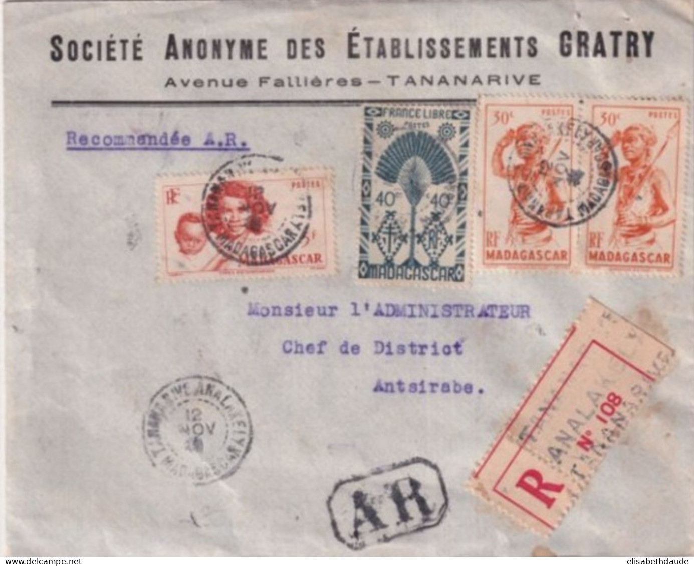 MADAGASCAR - 1948 - ENVELOPPE RECOMMANDEE (ETIQUETTE IMPRESSION DOUBLE !)  Avec AR ! De TANANARIVE => ANTSIRABE - Cartas & Documentos