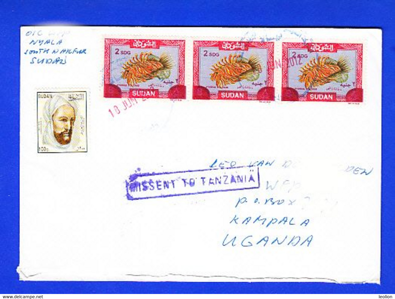 SUDAN 2012 Cancelled Cover W/ 3x 2007/2008 2 SDG Overprint Surcharge On 8 LS Stamps "Missent To Tanzania" SOUDAN - Soudan (1954-...)