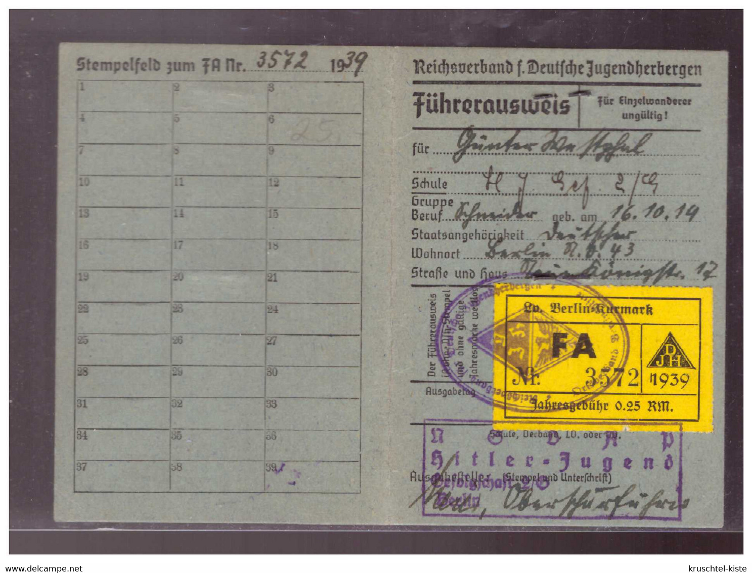 Dt- Reich (022031) Führerausweis, Reichsbund Der Jugendherbergen, Mit NSDAP Stempel Und Orginal Unterschrift - Brieven En Documenten