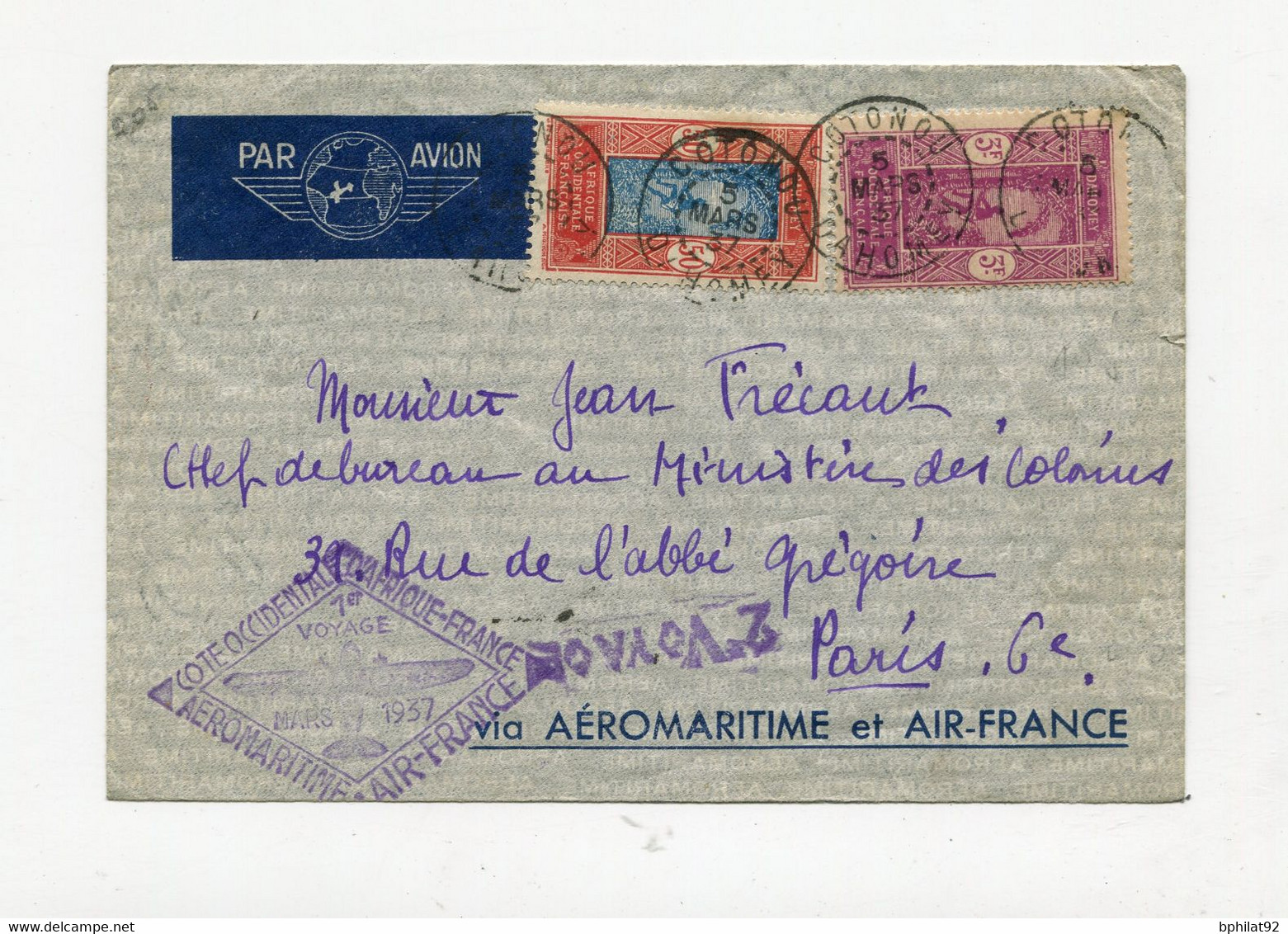 !!! DAHOMEY, LETTRE PAR AVION DE COTONOU DE 1937 CACHET COTE OCC D'AFRIQUE - FRANCE, 1ER VOYAGE AEROMARITIME AIR FRANCE - Covers & Documents