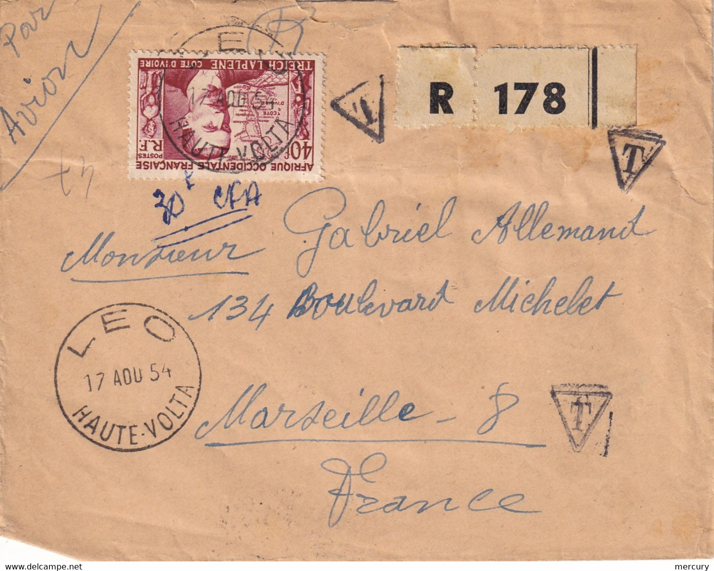 AOF - Lettre Recommandée Taxée De Léo Du 17/8/54 Pour Marseille - Storia Postale