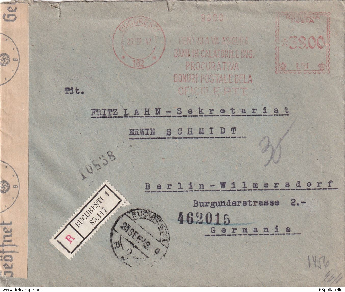ROUMANIE 1942 LETTRE CENSUREE  EMA DE RECOMMANDE DE BUCAREST AVEC CACHET ARRIVEE BERLIN - 2de Wereldoorlog (Brieven)