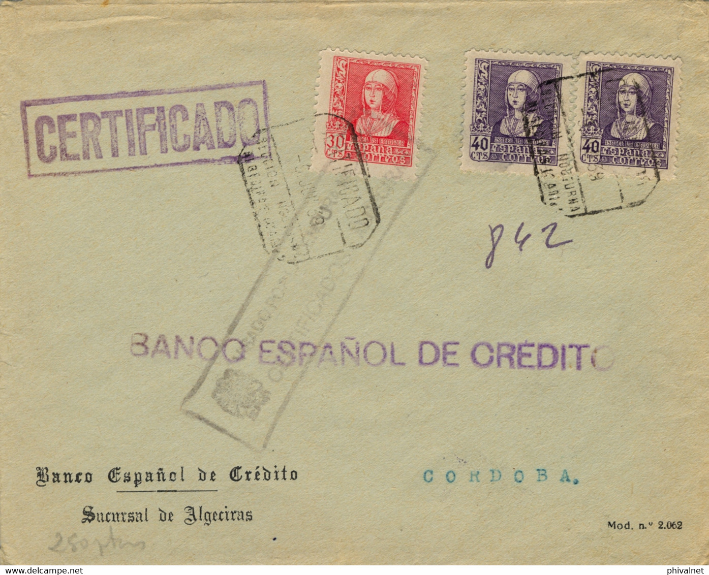 1939 , CÁDIZ , ALGECIRAS - CÓRDOBA , SOBRE DEL BANCO ESPAÑOL DE CRÉDITO CERTIFICADO , CENSURA , AMBULANTE , LISTA - Storia Postale