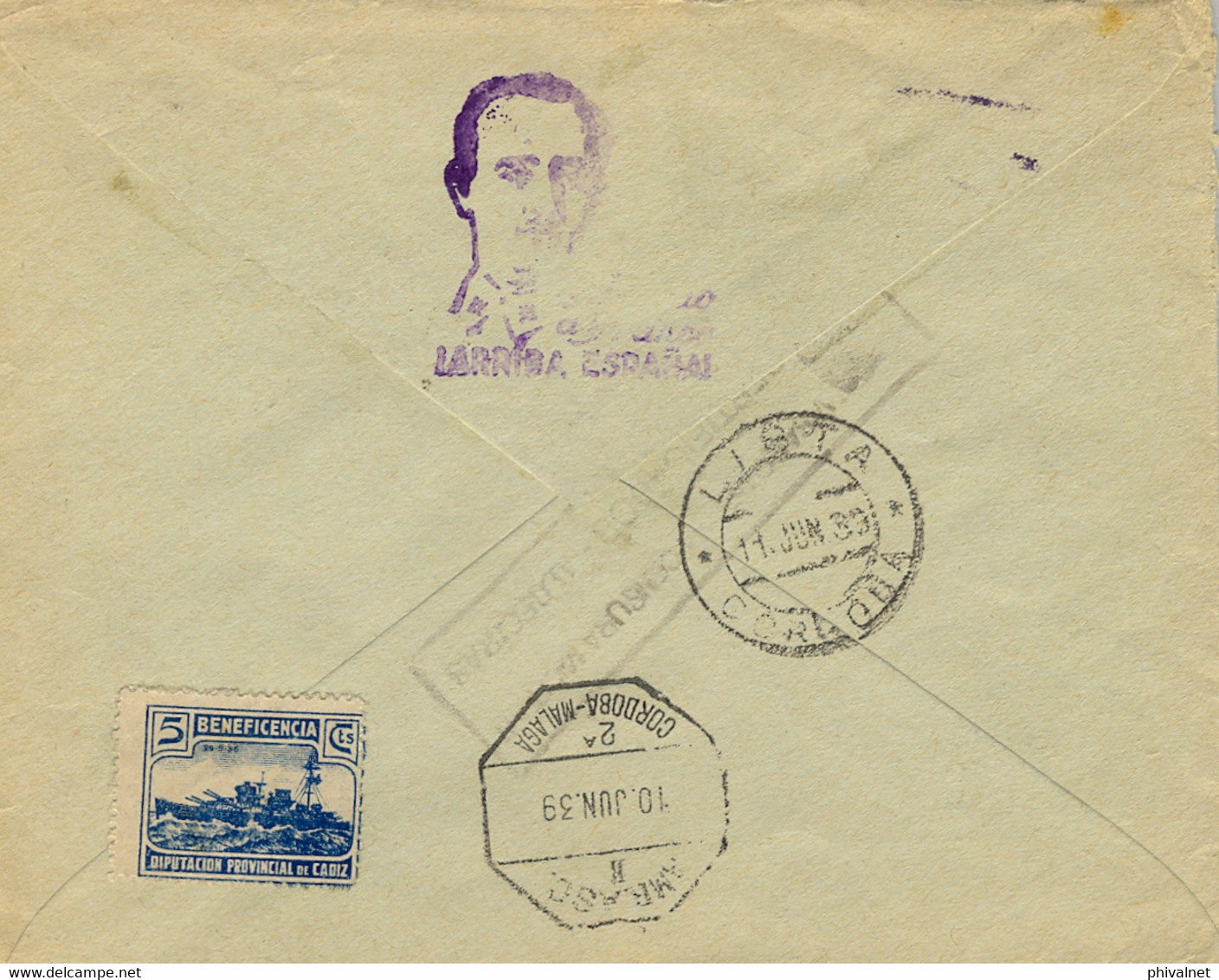 1939 , CÁDIZ , ALGECIRAS - CÓRDOBA , SOBRE DEL BANCO ESPAÑOL DE CRÉDITO CERTIFICADO , CENSURA , AMBULANTE , LISTA - Storia Postale