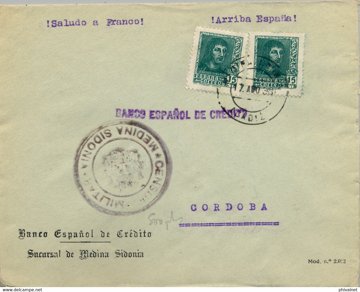 1938 , CÁDIZ , MEDINA SIDONIA - CÓRDOBA , SOBRE DEL BANCO ESPAÑOL DE CRÉDITO CIRCULADO , CENSURA MILITAR - Lettres & Documents