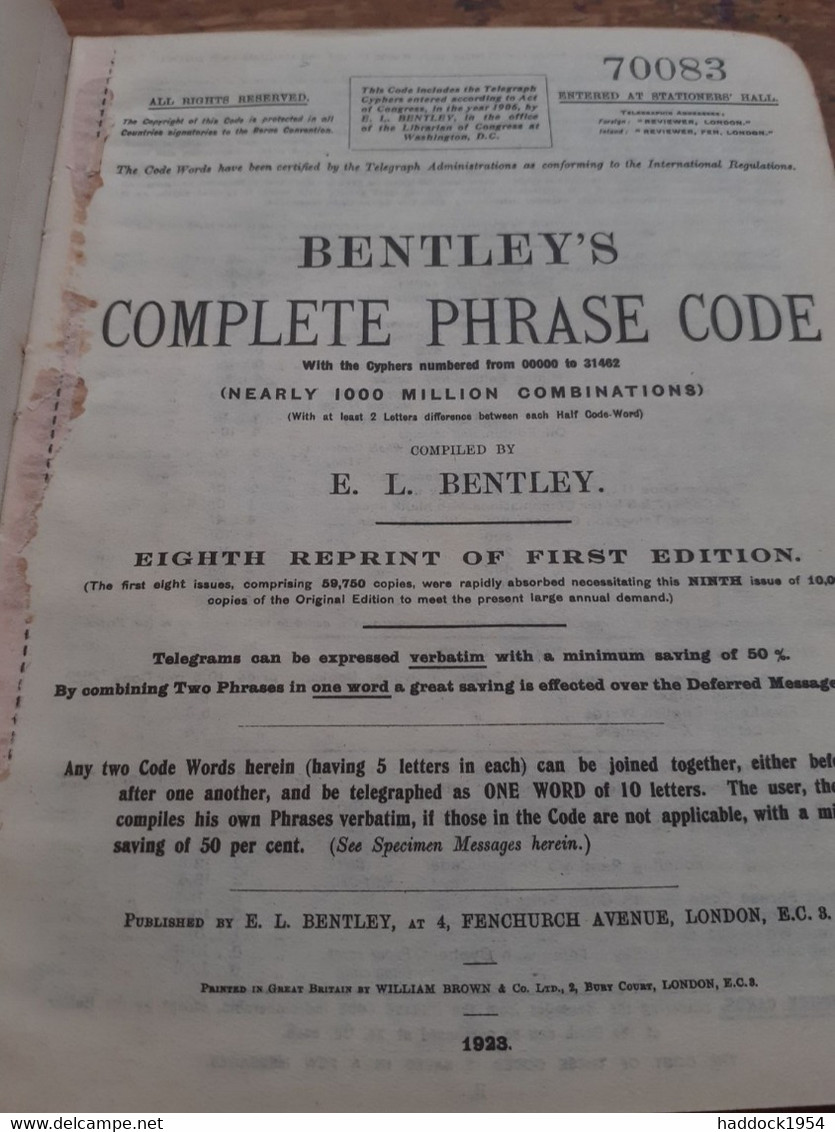 Bentley's Complete Phrase Code Numbered E.L. BENTLEY Bentley 1923 - Autres & Non Classés