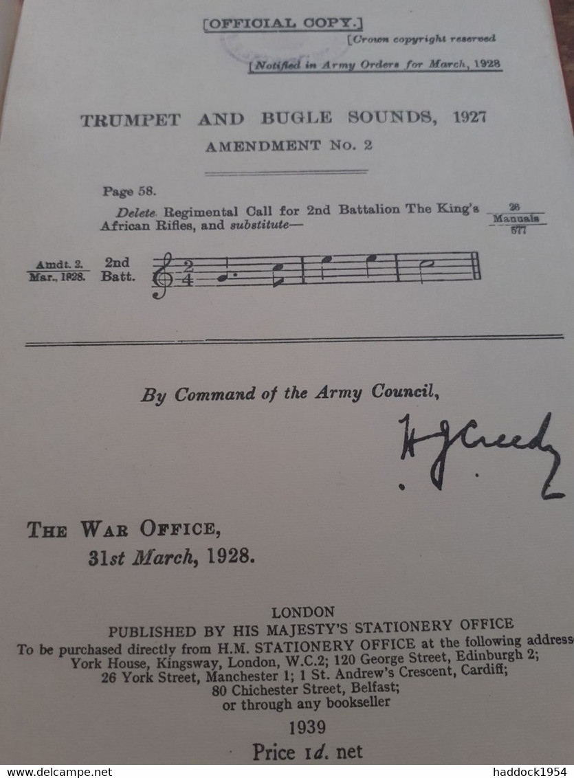 Trumpet And Bugle Sounds For The Army Majesty's Stationery Office 1939 - Otros & Sin Clasificación