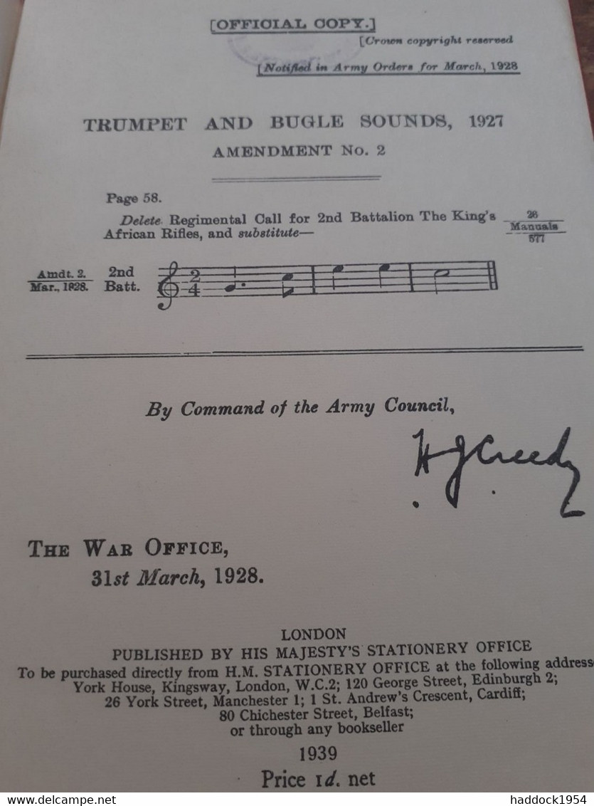 Trumpet And Bugle Sounds For The Army Majesty's Stationery Office 1939 - Altri & Non Classificati