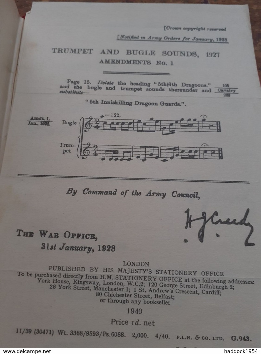 Trumpet And Bugle Sounds For The Army Majesty's Stationery Office 1939 - Autres & Non Classés