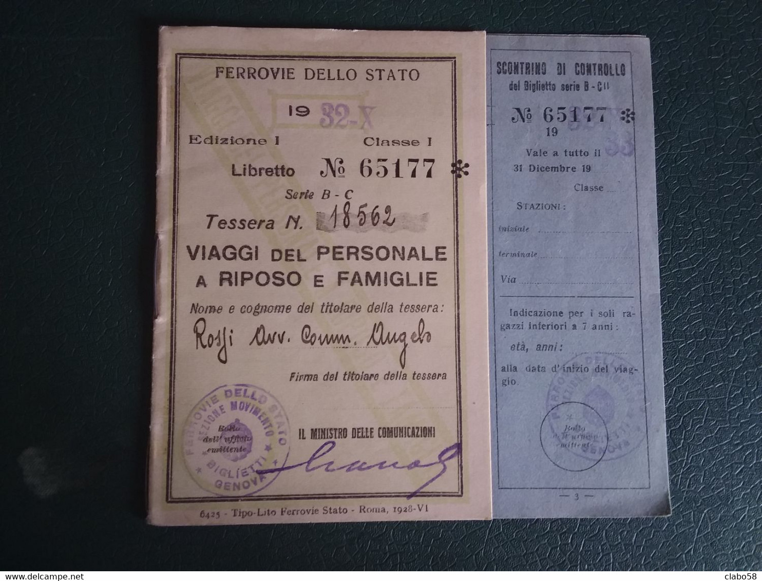 1932  FERROVIE DELLO STATO GENOVA TESSERA  VIAGGI DEL PERSONALE A RIPOSO  E FAMIGLIE    CLASSE 1 - Europa