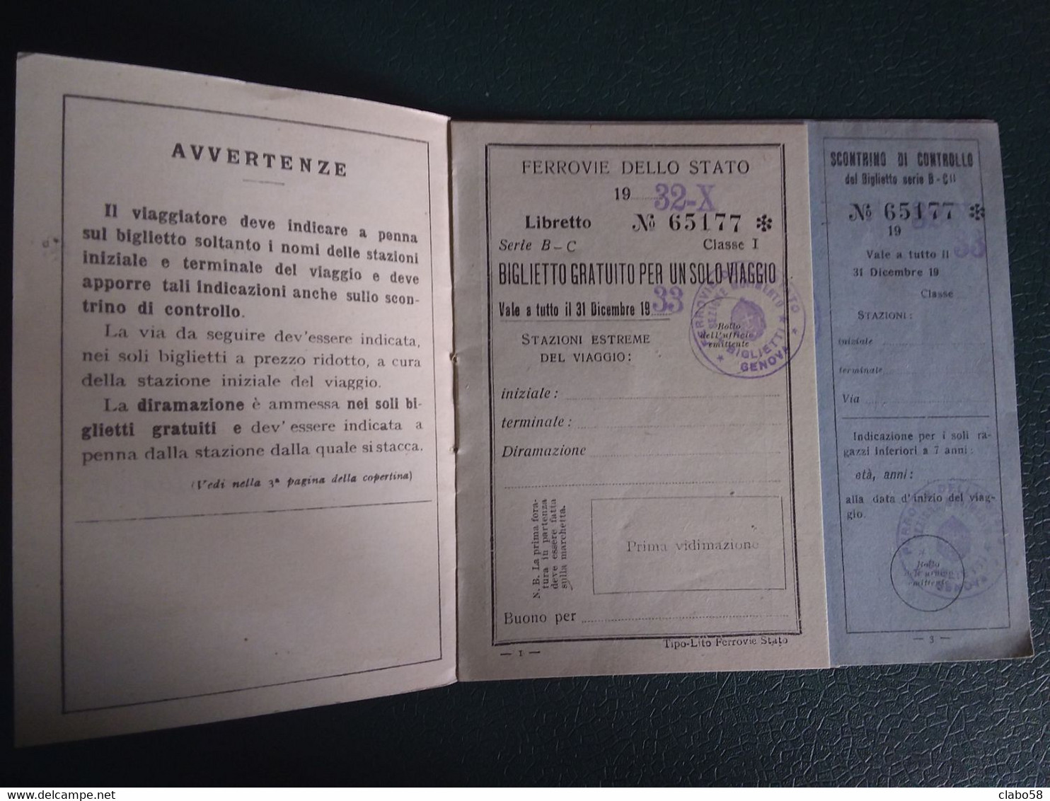 1932  FERROVIE DELLO STATO GENOVA TESSERA  VIAGGI DEL PERSONALE A RIPOSO  E FAMIGLIE    CLASSE 1 - Europa