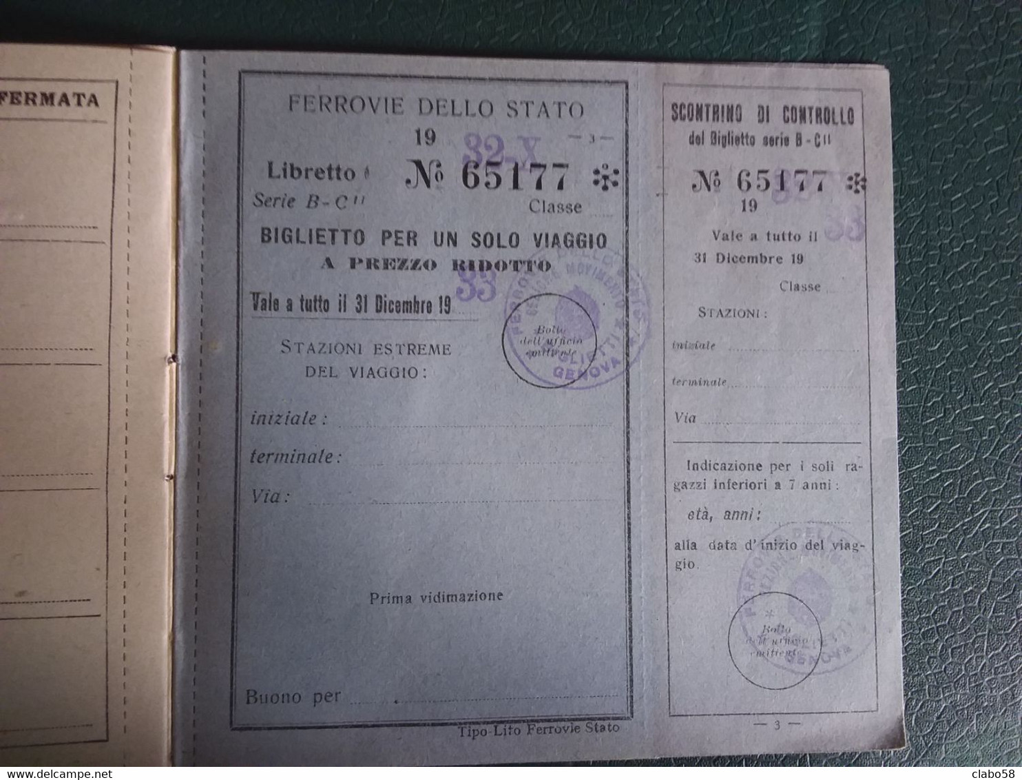 1932  FERROVIE DELLO STATO GENOVA TESSERA  VIAGGI DEL PERSONALE A RIPOSO  E FAMIGLIE    CLASSE 1 - Europa