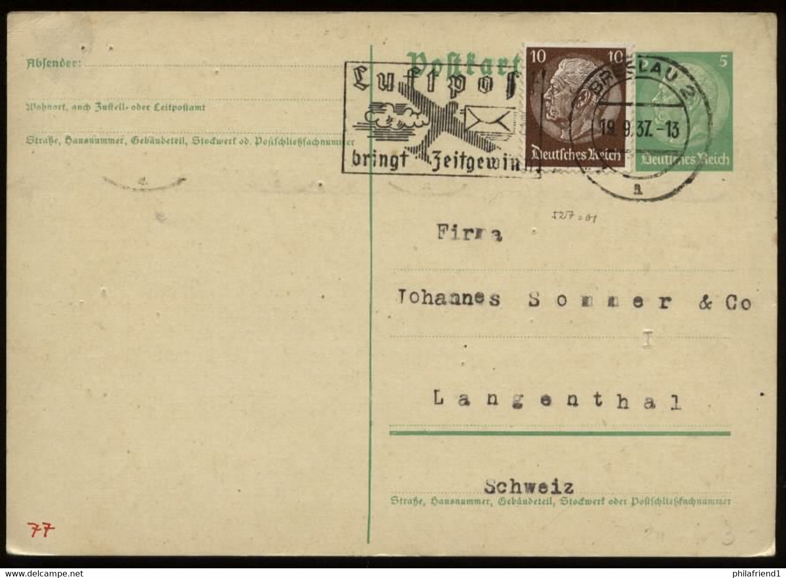 3. Reich - DR GS Postkarte : Gebraucht Mit Werbestempel Luftpost Breslau - Langenthal Schweiz 1937 , Bedarfserhaltung. - Brieven En Documenten