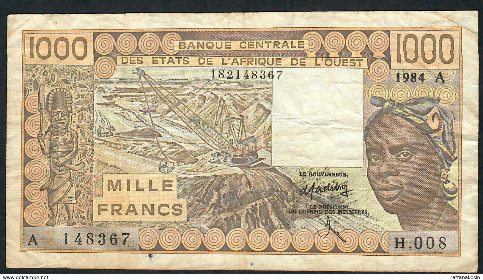 W.A.S. LETTER A Ivory Coast  P107Ac  1000 FRANCS 1984 Signature 18 VF   NO P.h. - Ivoorkust