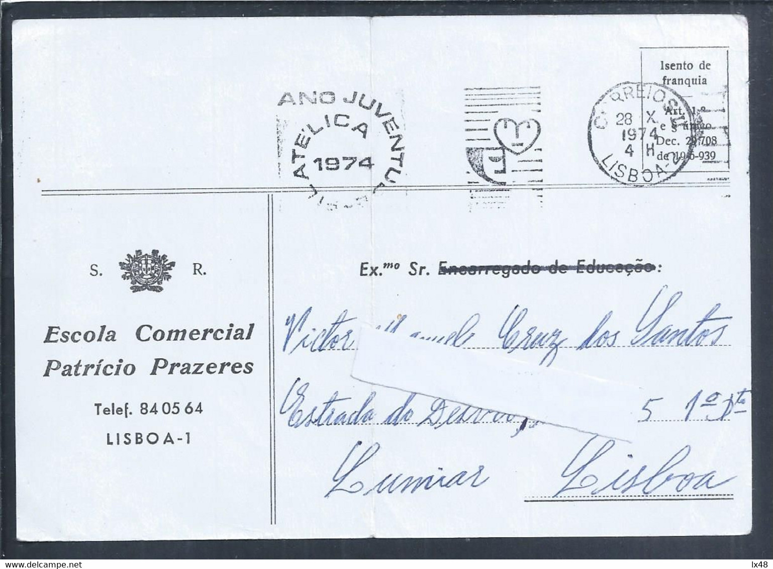 Postal Isento De Franquia SR 1939. Escola Patrício Prazeres, Lisboa. Ano Da Juventude Filatélica. Postage Free Of Postag - Covers & Documents