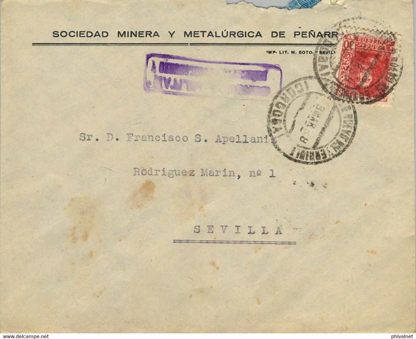1938, GUERRA CIVIL, SOBRE DE LA SOCIEDAD MINERA Y METALÚRGICA DE PEÑARROYA, CENSURA MILITAR PEÑARROYA - PUEBLONUEVO - Briefe U. Dokumente